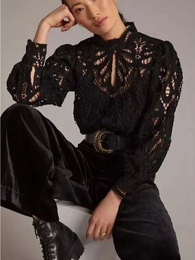 Anthropologie Black Crochet Lace Button-Up Blouse